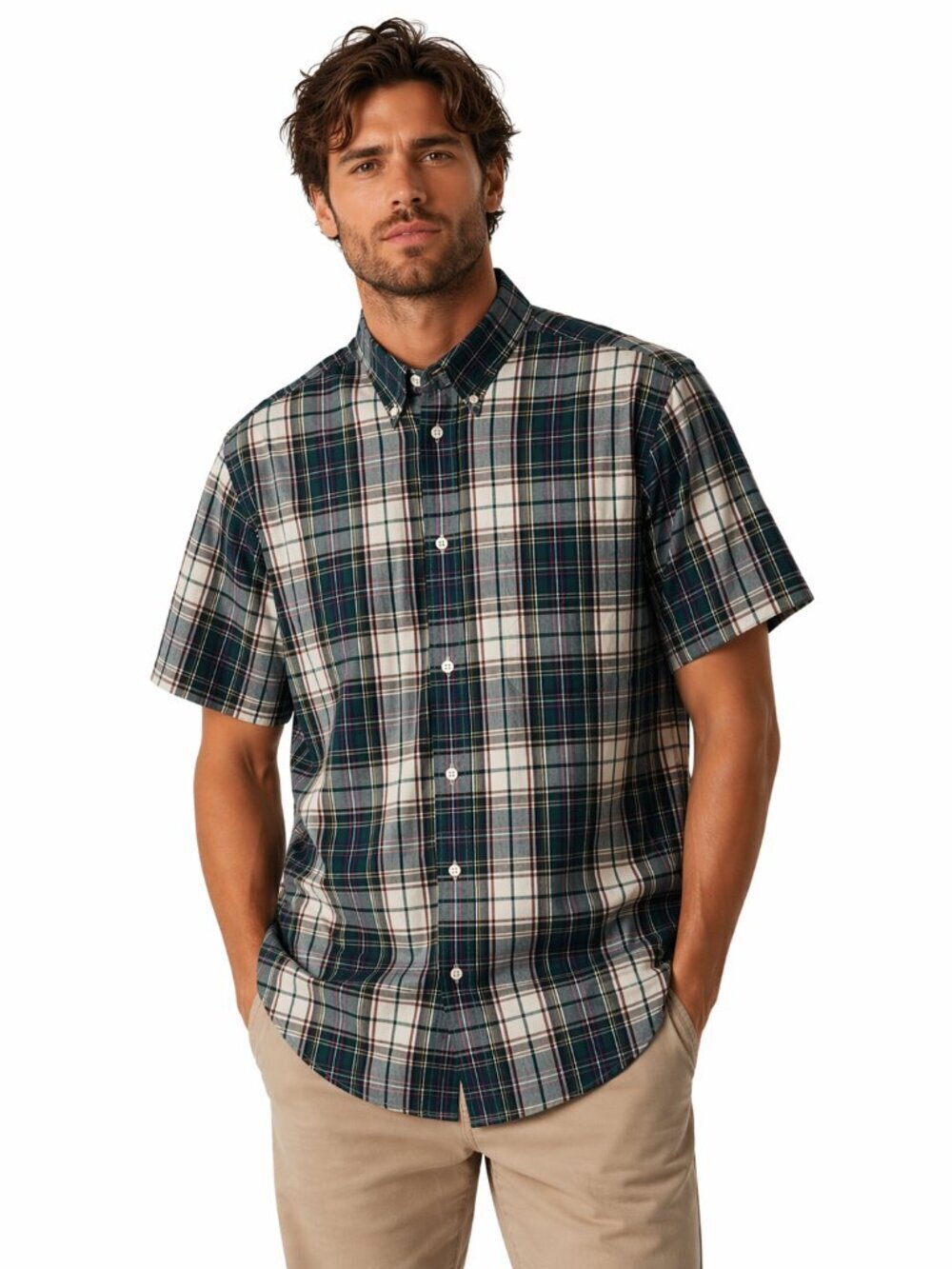J.Crew Mens Shirt Medium Plaid Classic Fit Short Sleeves Pocket BJ734 Cotton NWT